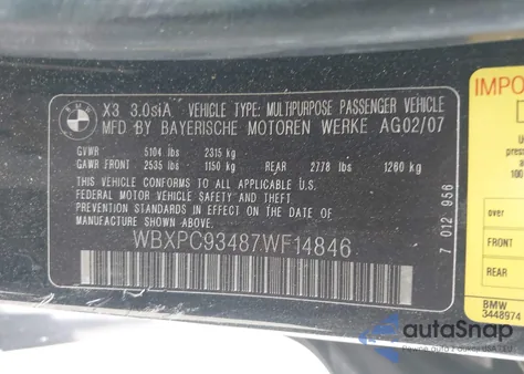 2007 BMW X3 3.0Si z USA, uszkodzony, nr VIN WBXPC93487WF14846